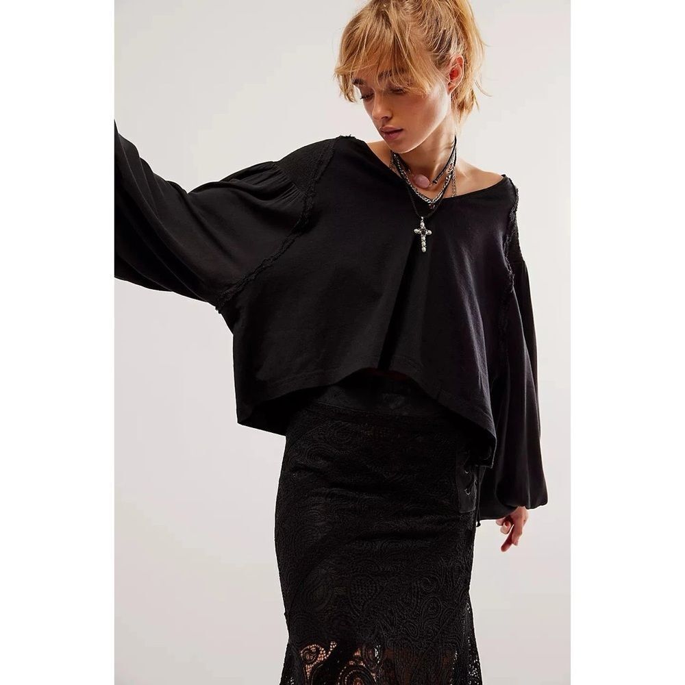 NWT Free People Kathy Long Sleeve Blouse Tee in Black
